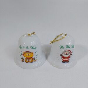 Vintage Russ‎ Berrie Santa Claus And Cat Ornament Porcelain Bells Set 2 1980s